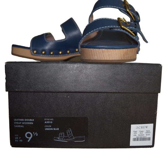 J. Crew Blue Leather Double Buckle Sandals with Wood Sole, in box - Size 9.5 - Picture 4 of 6